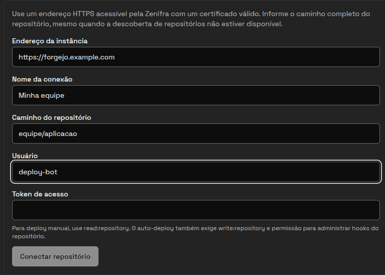 Formulário do Console para conectar um repositório Forgejo, com os campos da conexão e do repositório.