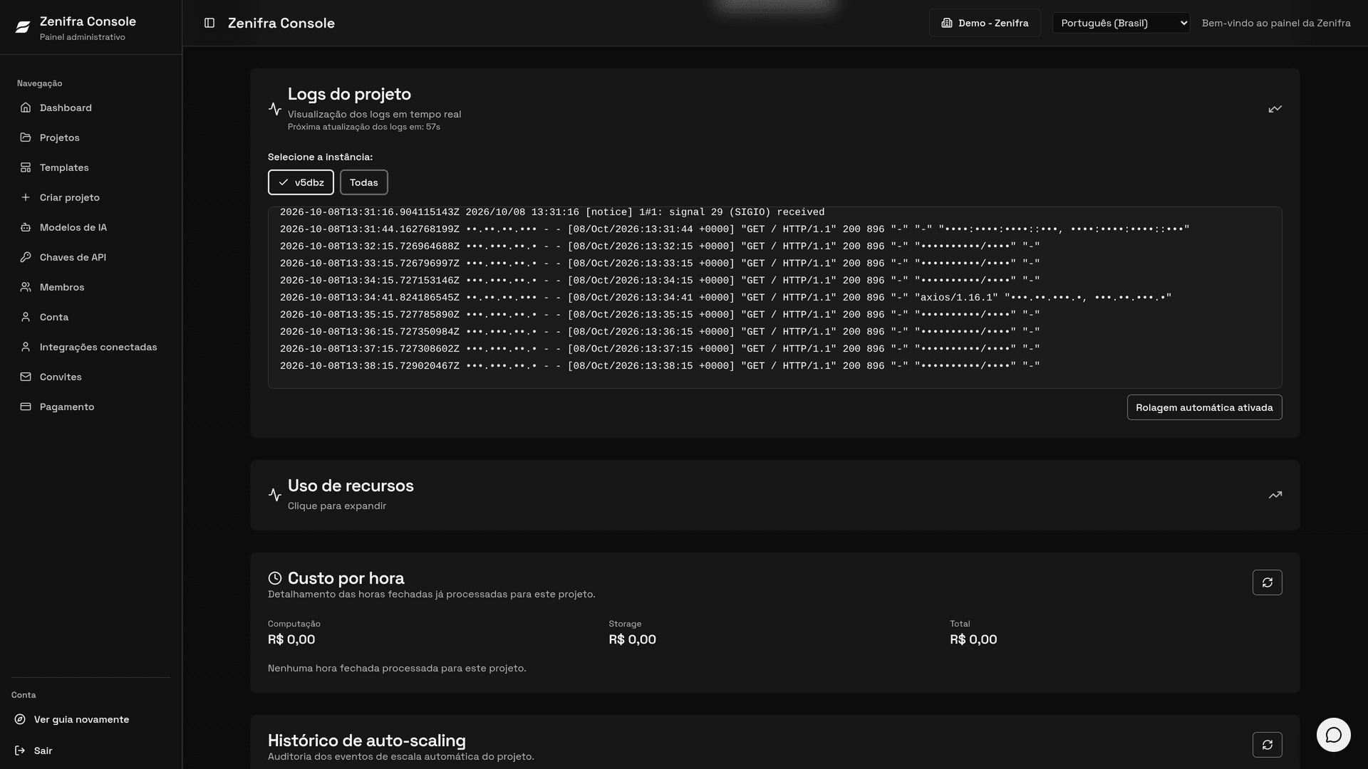 Logs do projeto com seleção de instância e rolagem automática